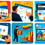 Four images showing how to buy on Amazon from Colombia. The first image shows a person using a laptop on the Amazon homepage